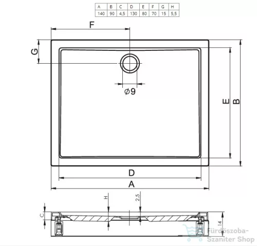 Riho Davos 140x90x14 szögletes zuhanytálca előlappal és lábbal 257