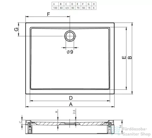 Riho Davos 100x80x14 szögletes zuhanytálca előlappal és lábbal 273