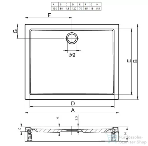 Riho Davos 130x80x14 szögletes zuhanytálca előlappal és lábbal 243