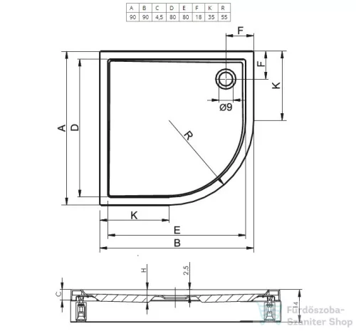 Riho Davos 90x90x14 íves zuhanytálca előlappal és lábbal 281