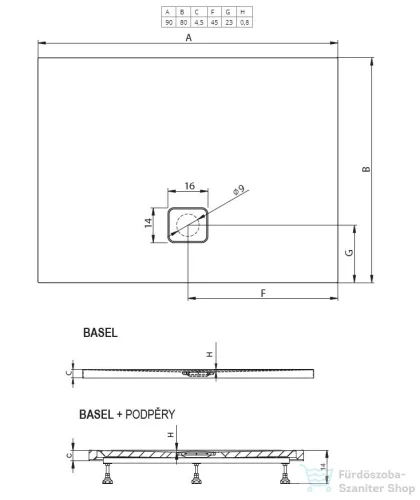 Riho Basel 90x80x4,5 szögletes zuhanytálca zuhanyszifonnal 402