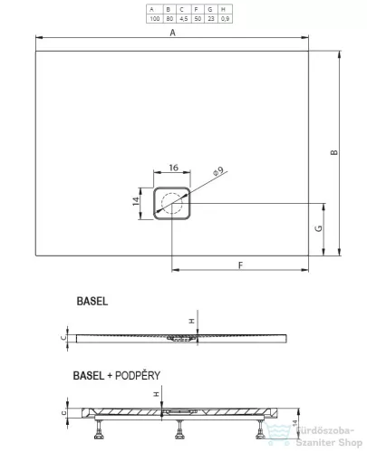 Riho Basel 100x80x4,5 szögletes zuhanytálca zuhanyszifonnal 404