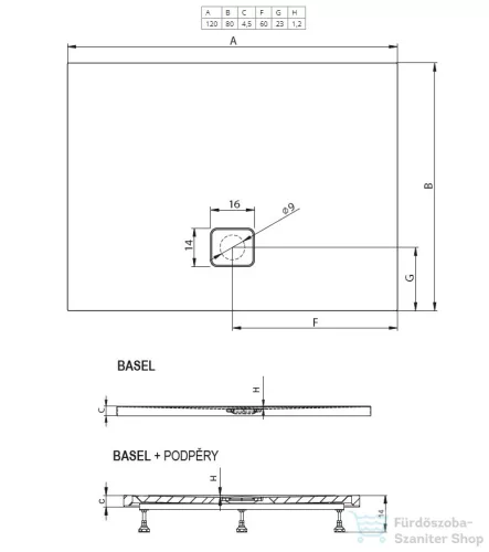 Riho Basel 120x80x4,5 szögletes zuhanytálca zuhanyszifonnal 406