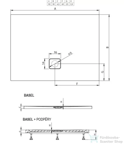 Riho Basel 90x90x4,5 szögletes zuhanytálca zuhanyszifonnal 412