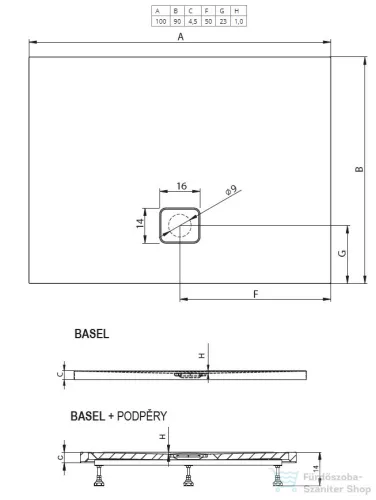 Riho Basel 100x90x4,5 szögletes zuhanytálca zuhanyszifonnal 414