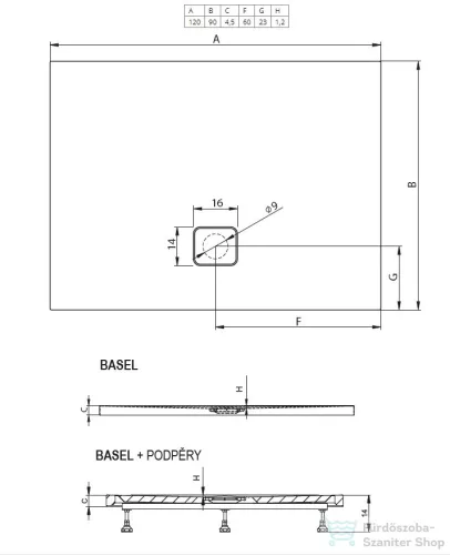 Riho Basel 120x90x4,5 szögletes zuhanytálca zuhanyszifonnal 416