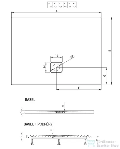 Riho Basel 120x100x4,5 szögletes zuhanytálca zuhanyszifonnal 432
