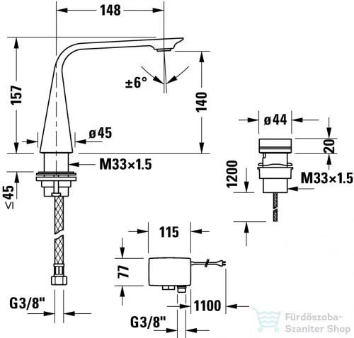 Duravit D.1 2 lyukú elektronikus csaptelep M elektronikus dugóval ellátott hálózati elemmel,leeresztő nélkül, matt fekete D11100007046