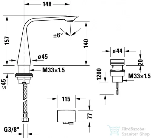 Duravit D.1 2 lyukú elektronikus csaptelep M beépíthető elektronikus hálózati elemmel,leeresztő nélkül, matt fekete D11100008046