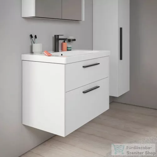 Duravit D-CODE 132x40x36 cm-es 1 ajtós félmagas szekrény fekete fogantyúval, jobbos, matt fehér DC1338R10180000