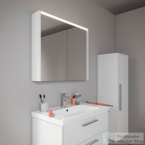 Duravit D-CODE 132x40x36 cm-es 1 ajtós félmagas szekrény fekete fogantyúval, jobbos, fényes fehér DC1338RBD220000