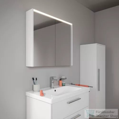 Duravit D-CODE 132x40x36 cm-es 1 ajtós félmagas szekrény fekete fogantyúval, jobbos, fényes fehér DC1338RBD220000