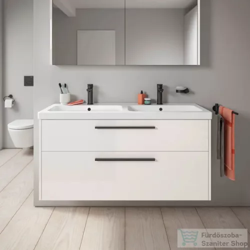 Duravit D-CODE 118,4x46 cm-es 2 fiókos alsószekrény mosdó és csaptelep nélkül, fekete fogantyúval, fényes fehér DC46740BD220000