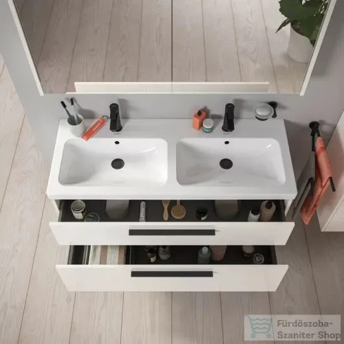 Duravit D-CODE 118,4x46 cm-es 2 fiókos alsószekrény mosdó és csaptelep nélkül, fekete fogantyúval, fényes fehér DC46740BD220000