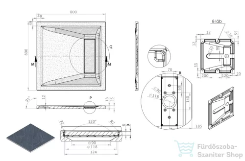 Radaway Doris C 80x80 műmárvány zuhanytálca, fekete DC8080-54