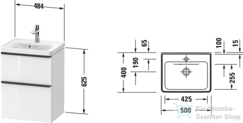 Duravit D-NEO 50x40 cm-es, 2 fiókos alsószekrény-1 csaplyukas mosdó kombináció, csaptelep nélkül, matt fehér DE0146018180000