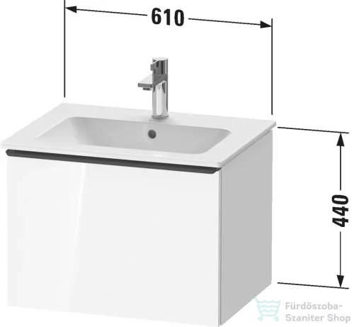 Duravit D-NEO 61x46,2 cm-es, 1 fiókos függesztett szekrény rozsdamentes acél hatású fogantyúval, 233663XXX mosdóhoz, fényes fehér DE4261070220000