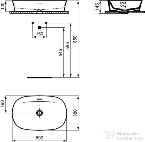 Ideal Standard IPALYSS 60x38 cm-es pultra ültethető mosdó leeresztő nélkül,matt fekete E1397V3
