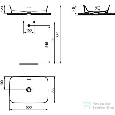 Ideal Standard IPALYSS 55x38 cm-es pultra ültethető mosdó leeresztővel,fényes fekete E2078V2