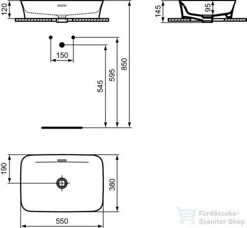 Ideal Standard IPALYSS 55x38 cm-es pultra ültethető mosdó leeresztővel,matt fekete E2078V3