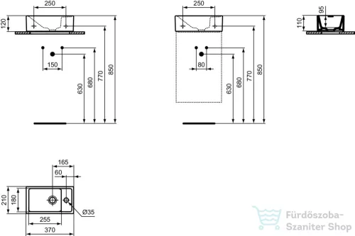 Ideal Standard TEMPO 37x21 cm-es falra/bútorra szerelhető mosdó jobb oldali csaplyukkal,fehér E211201