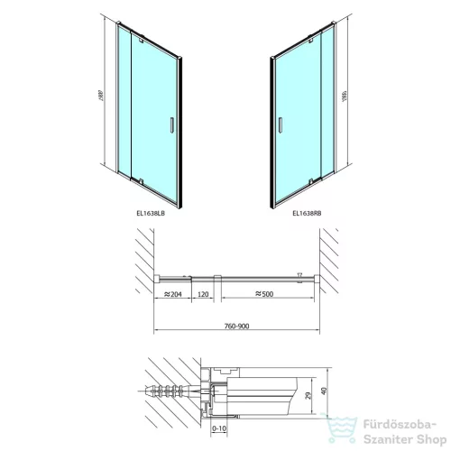 Sapho POLYSAN EASY LINE BLACK nyílóajtó fix résszel, 760-900mm, matt fekete profil/BRICK üveg (EL1638B)