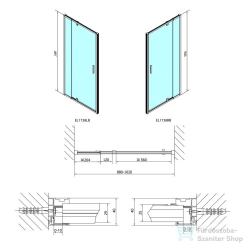 Sapho POLYSAN EASY LINE BLACK nyílóajtó fix résszel, 880-1020mm, matt fekete profil/BRICK üveg (EL1738B)