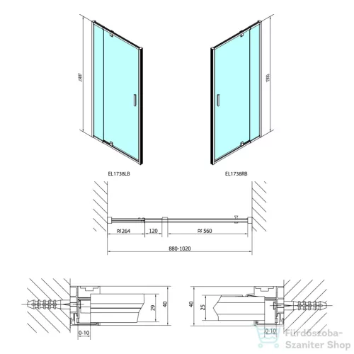 Sapho POLYSAN EASY LINE BLACK nyílóajtó fix résszel, 880-1020mm, matt fekete profil/BRICK üveg (EL1738B)