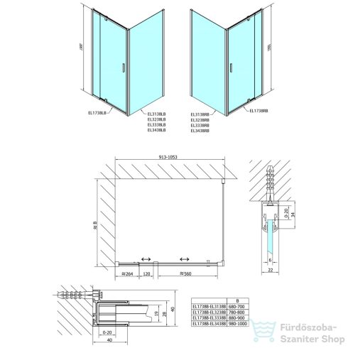 Sapho POLYSAN EASY LINE BLACK nyílóajtó fix résszel, 880-1020mm, matt fekete profil/BRICK üveg (EL1738B)