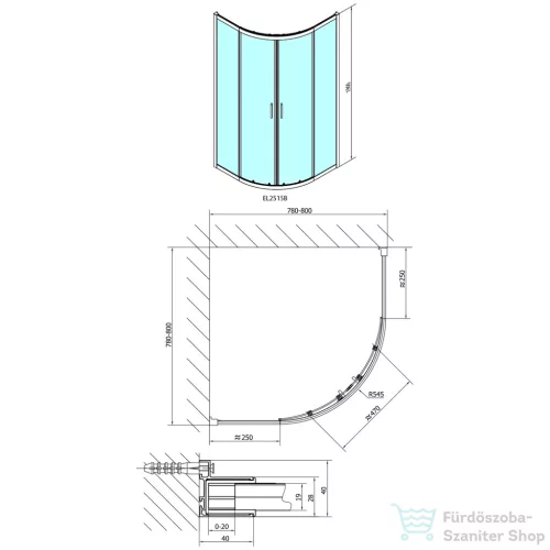 Sapho POLYSAN EASY LINE BLACK íves zuhanykabin, 800x800mm, matt fekete profil/transzparent üveg (EL2515B)