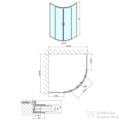 Sapho POLYSAN EASY LINE íves zuhanykabin 800x800mm, transzparent üveg EL2515