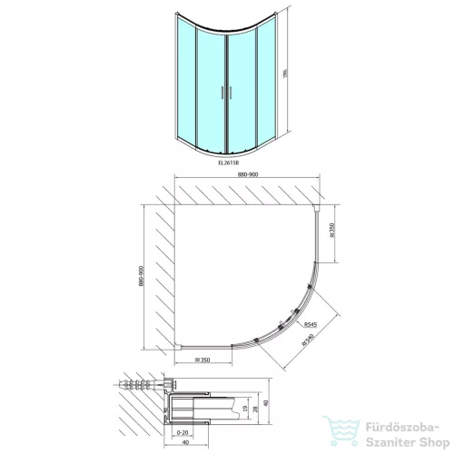 Sapho POLYSAN EASY LINE BLACK íves zuhanykabin, 900x900mm, matt fekete profil/transzparent üveg (EL2615B)