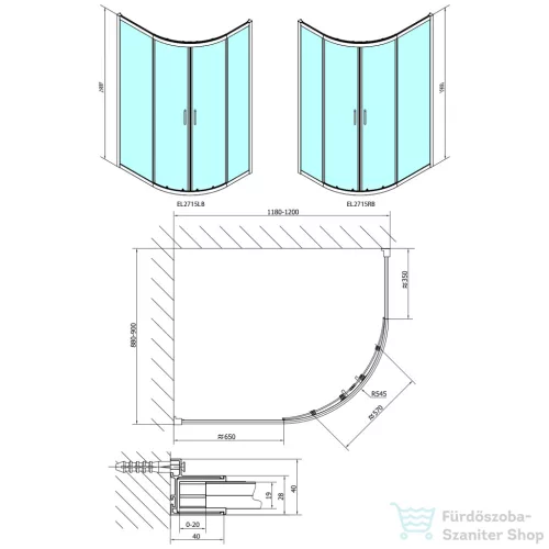 Sapho POLYSAN EASY LINE BLACK íves zuhanykabin, 1200x900mm, matt fekete profil/transzparent üveg (EL2715B)