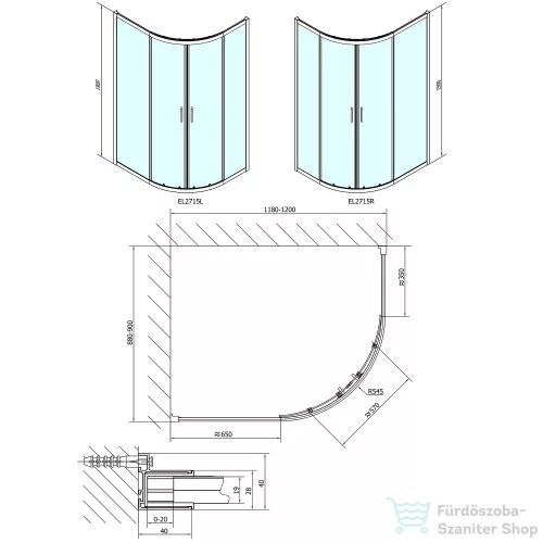 Sapho POLYSAN EASY LINE íves zuhanykabin 1200x900mm, transzparent EL2715
