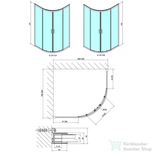 Sapho POLYSAN EASY LINE BLACK íves zuhanykabin, 900x800mm, matt fekete profil/transzparent üveg (EL2815B)