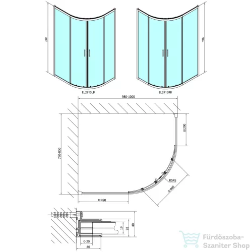 Sapho POLYSAN EASY LINE BLACK íves zuhanykabin, 1000x800mm, matt fekete profil/transzparent üveg (EL2915B)