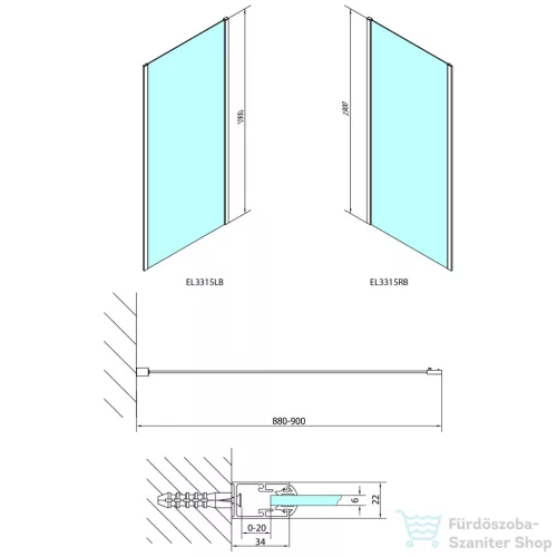 Sapho POLYSAN EASY LINE BLACK oldalfal, 900mm, matt fekete profil/transzparent üveg (EL3315B)