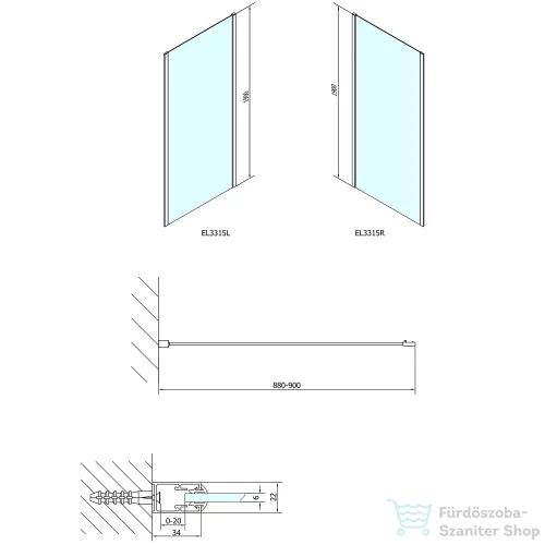 Sapho POLYSAN EASY LINE oldalfal 900mm, transzparent üveg EL3315