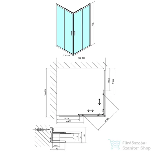 Sapho POLYSAN EASY LINE BLACK szögletes zuhanykabin, 800x800mm, matt fekete profil/transzparent üveg (EL5215B)