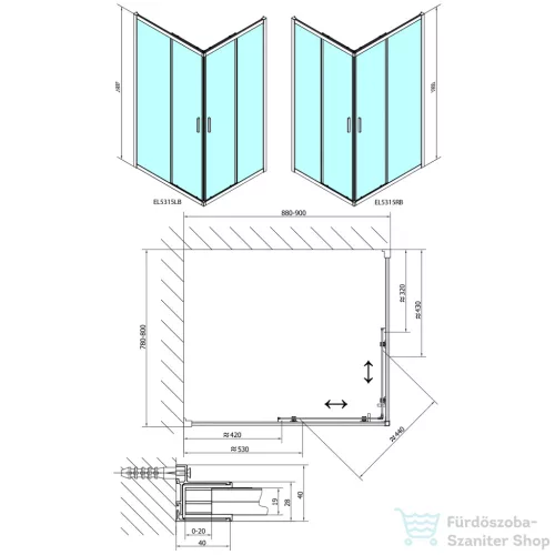 Sapho POLYSAN EASY LINE BLACK szögletes zuhanykabin, 900x800mm, matt fekete profil/transzparent üveg (EL5315B)