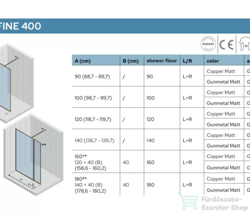 Riho Define 400 100cm-es zuhanyfal, Gunmetal matt G010001303
