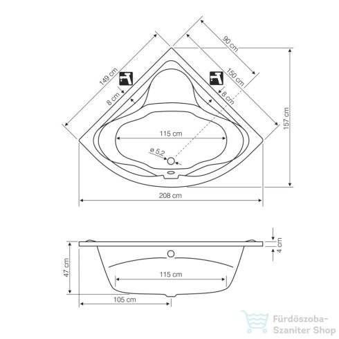 AQUALINE DUNAJ II kád, láb nélkül, 150x150x48cm, akril G1350