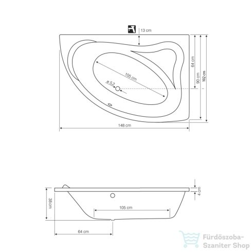 AQUALINE ORAVA kád, láb nélkül, jobb, 150x90x38cm, akril G1591