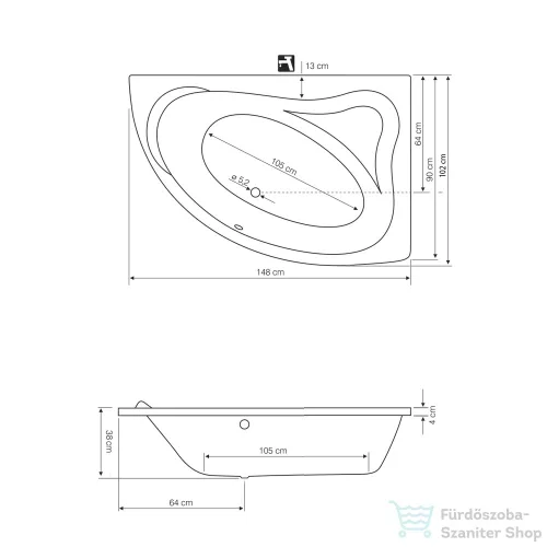 AQUALINE ORAVA kád, láb nélkül, jobb, 150x90x38cm, akril G1591