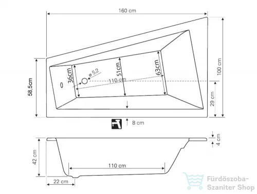 AQUALINE METUJE kád, láb nélkül, jobbos, 160x100x47cm, akril G2611