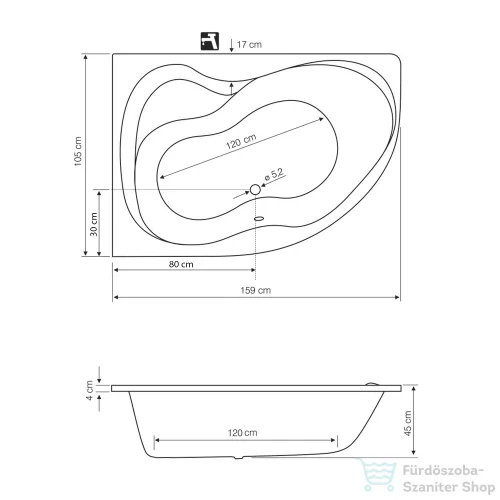 AQUALINE CIDLINA kád, láb nélkül, balos, 160x105x47cm, akril G3615