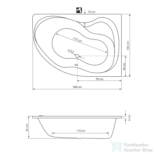 AQUALINE CIDLINA kád, láb nélkül, jobbos, 150x105x45cm, akril G3619