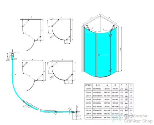 Sapho GLOBE GOLD MATT íves zuhanykabin 1000x800 mm, jobbos, matt üveg (GB2180MRG)