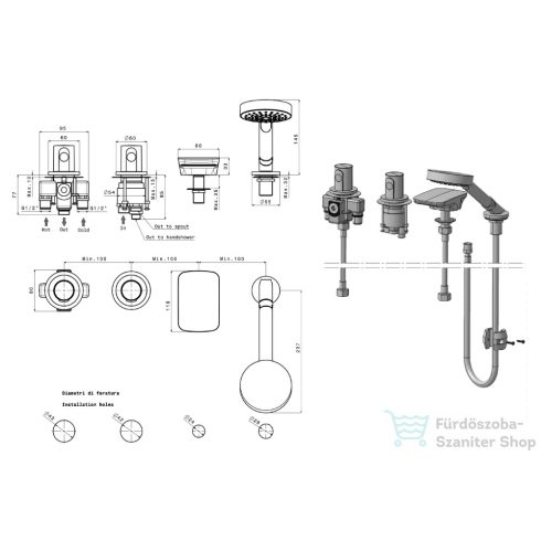 Sapho GLAM 4 részes kádperemre szerelhető termosztátos kádtöltő csaptelep, króm GLAMTECH4