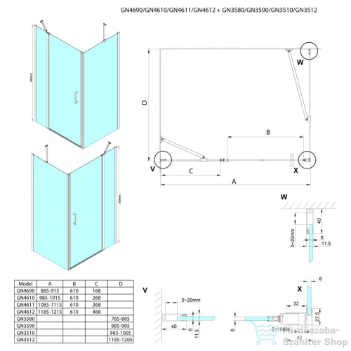 Sapho GELCO LORO nyílóajtó fixrésszel és oldalfallal 1000x1200mm (GN4610-02)
